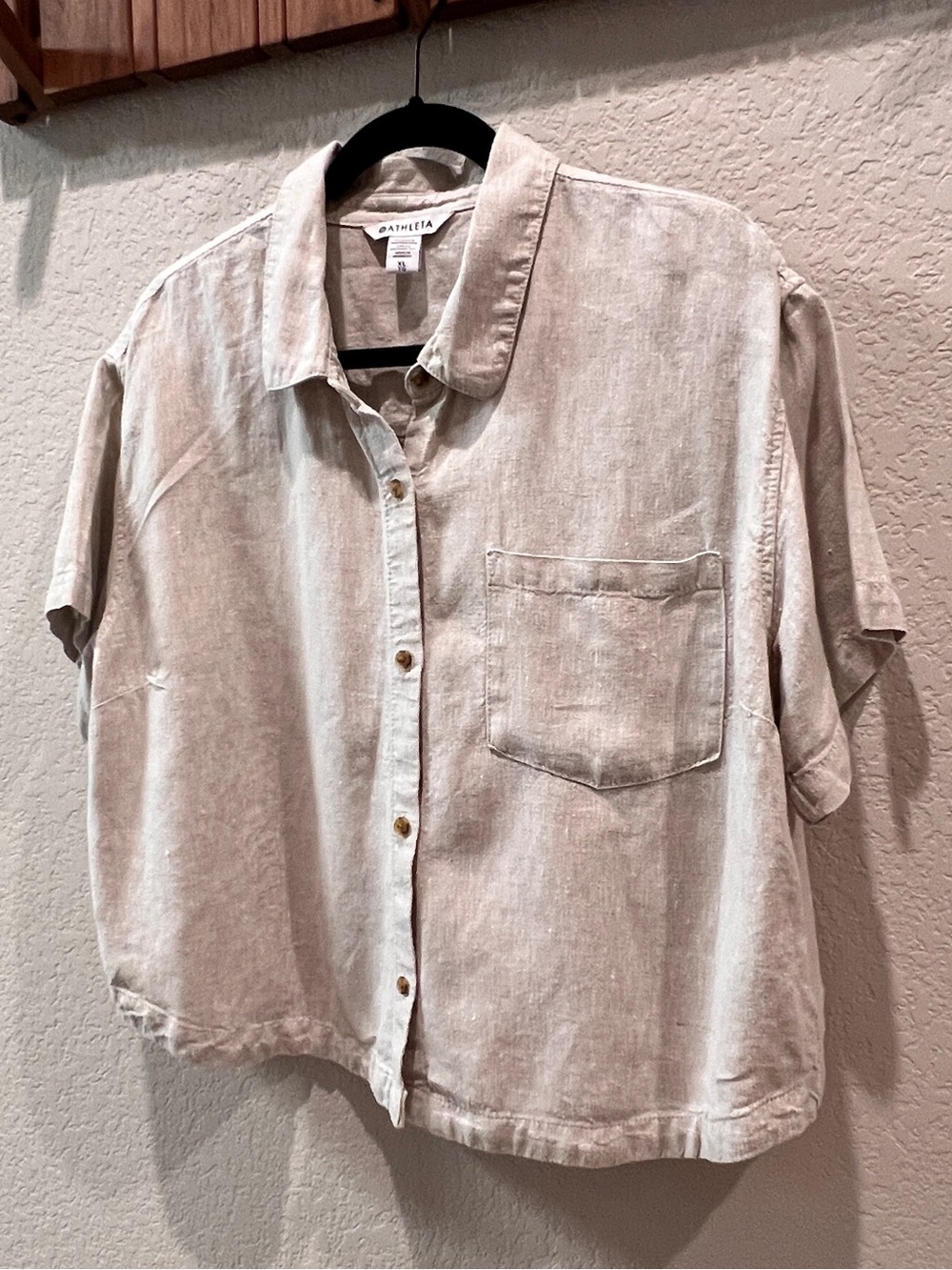 Athleta Retreat 100% Linen Short Sleeve Collared Shirt Natural Beige Size XL - Picture 4 of 11